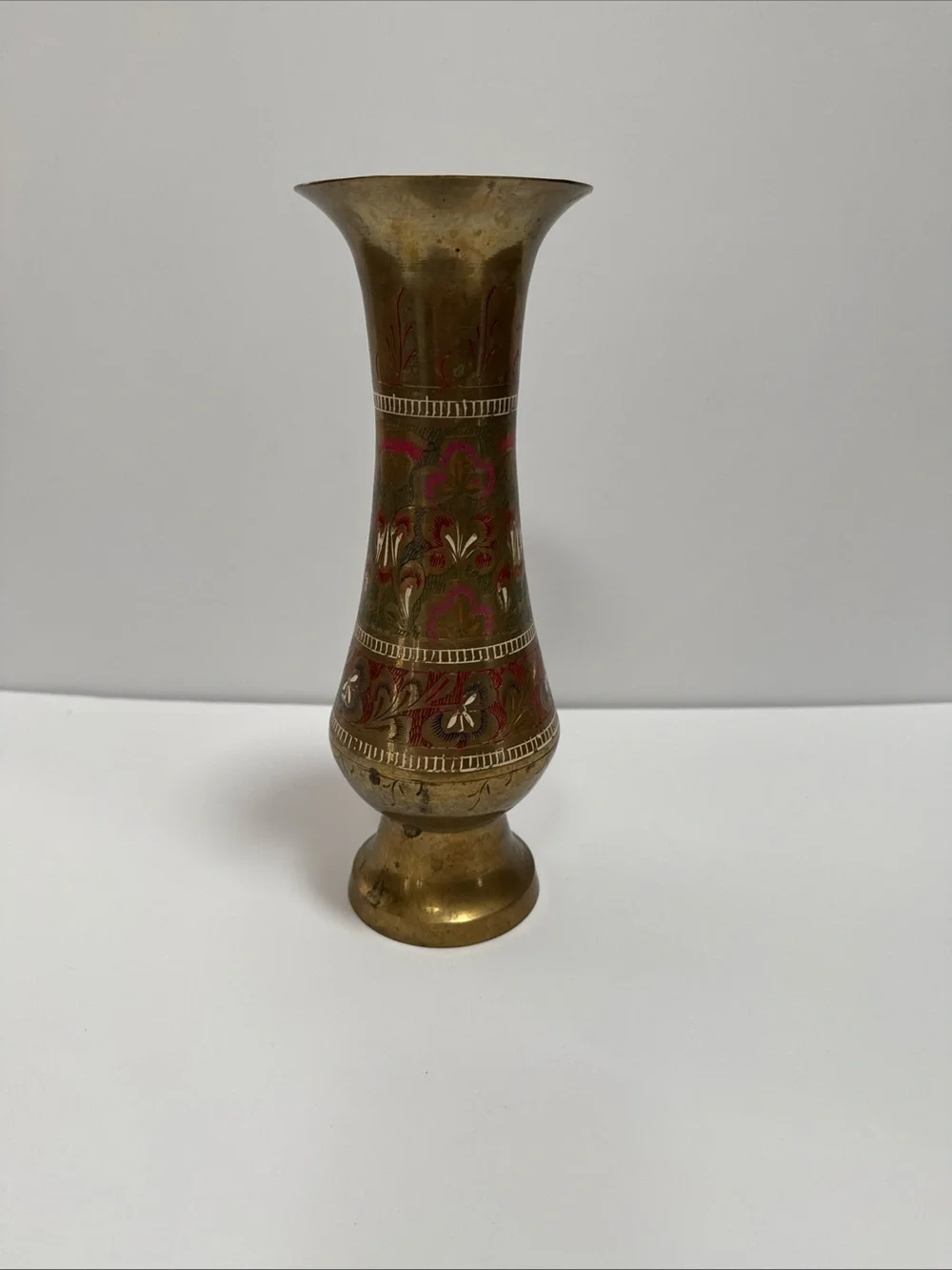 Solid Brass Decorative Vase with Red Accents hand etched from Saudi Arabia